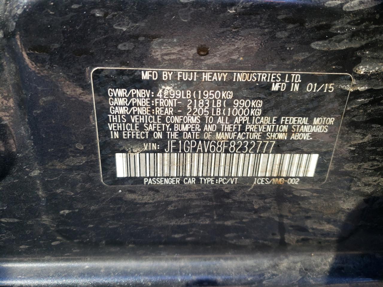 Photo 10 from auction – 2015 SUBARU IMPREZA SP with VIN JF1GPAV68F8232777