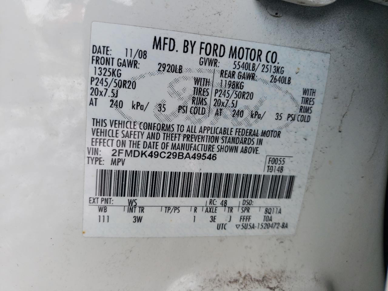Photo 10 from auction – 2009 FORD EDGE LIMIT with VIN 2FMDK49C29BA49546