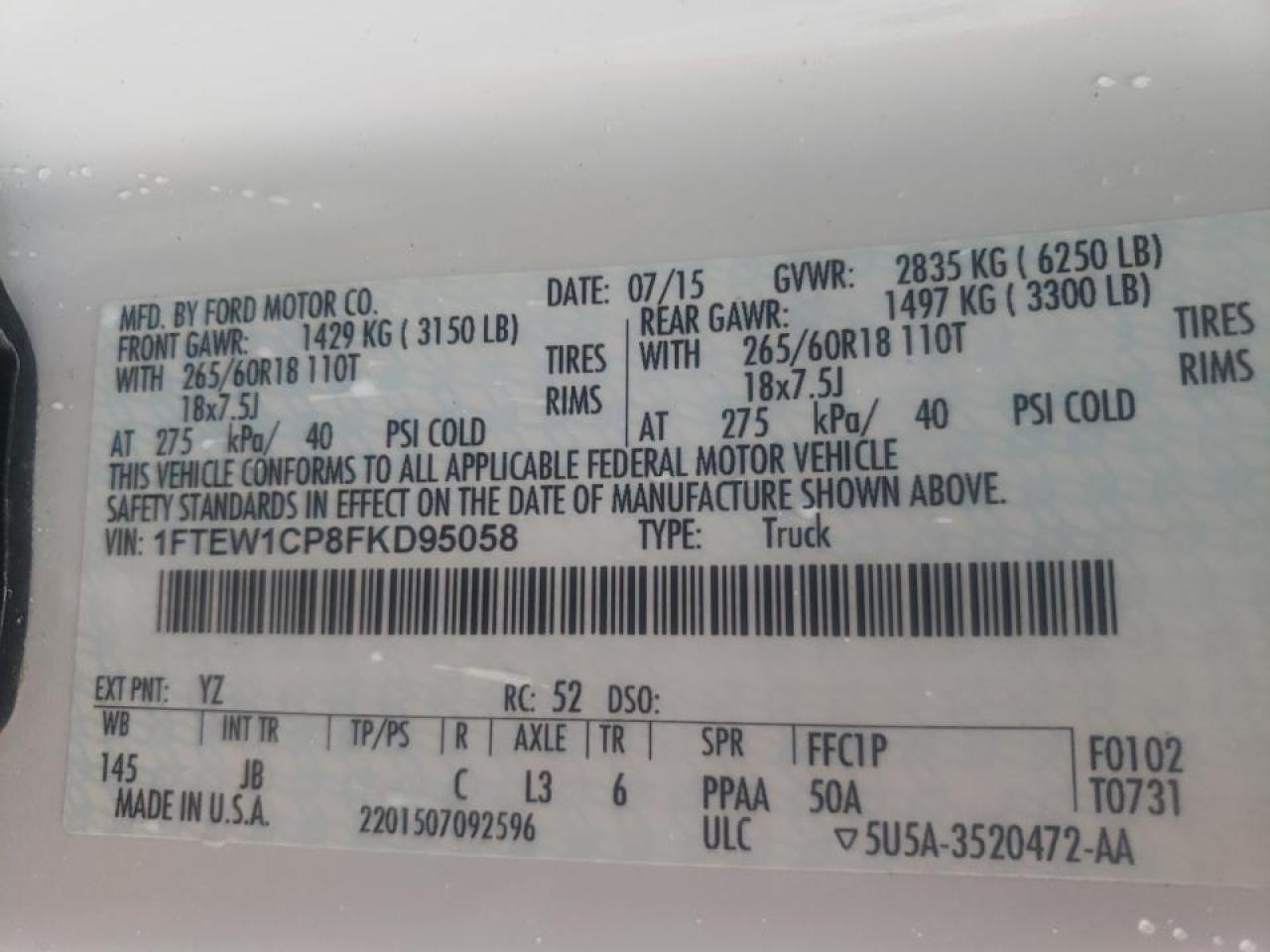 Photo 10 from auction – 2015 FORD F150 SUPER with VIN 1FTEW1CP8FKD95058