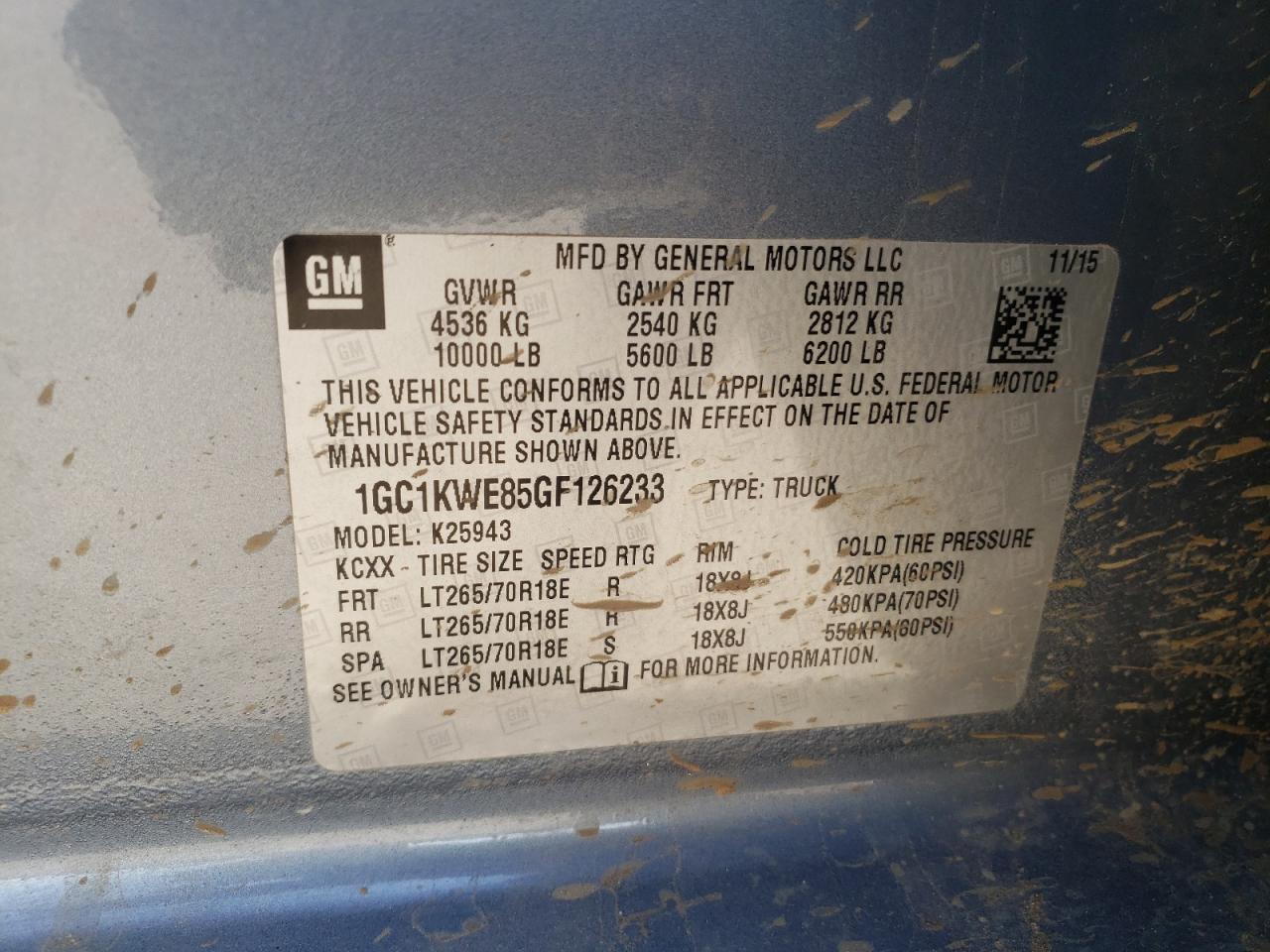 Photo 10 from auction – 2016 CHEVROLET SILVERADO with VIN 1GC1KWE85GF126233
