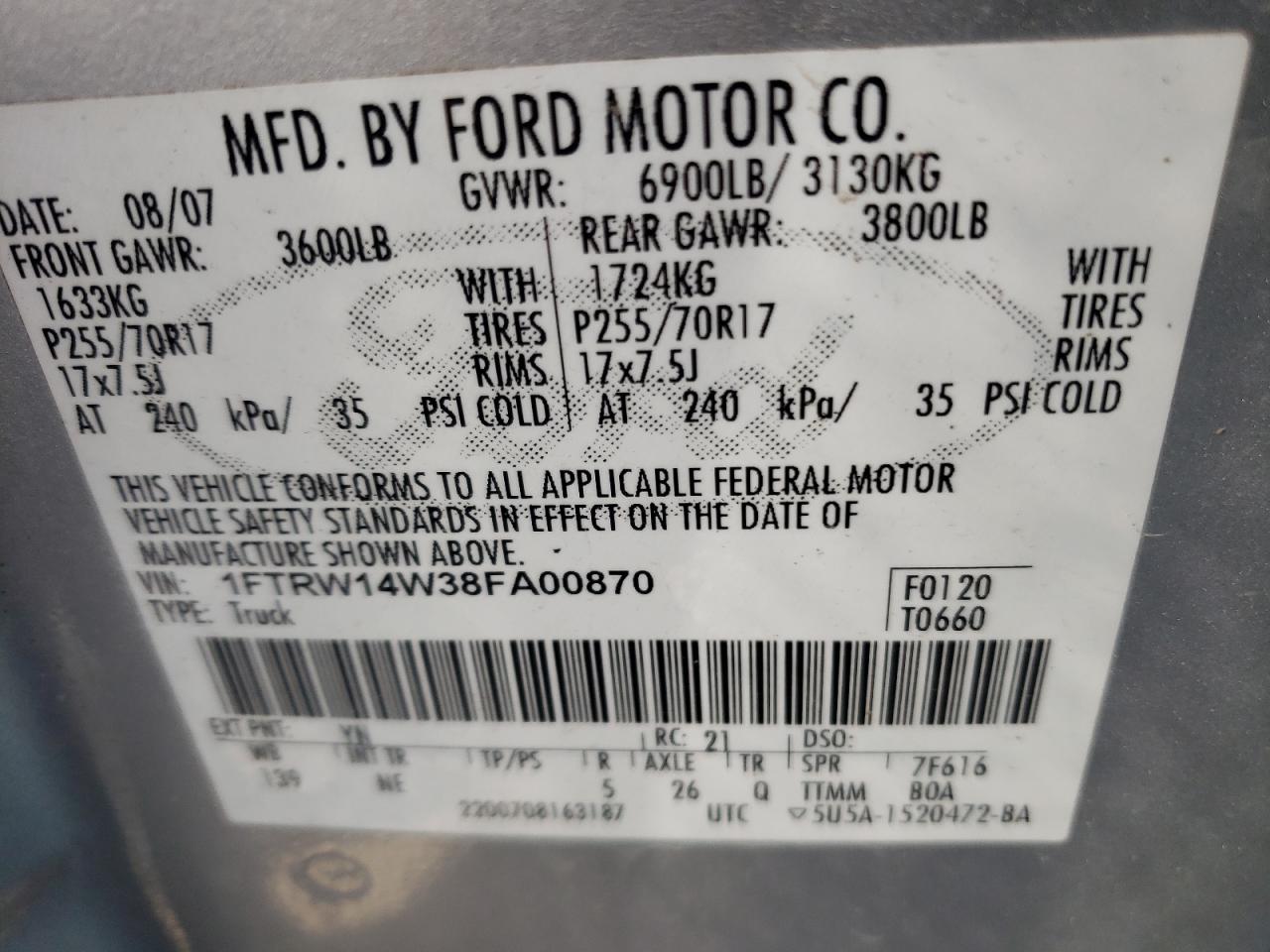Photo 10 from auction – 2008 FORD F150 SUPER with VIN 1FTRW14W38FA00870
