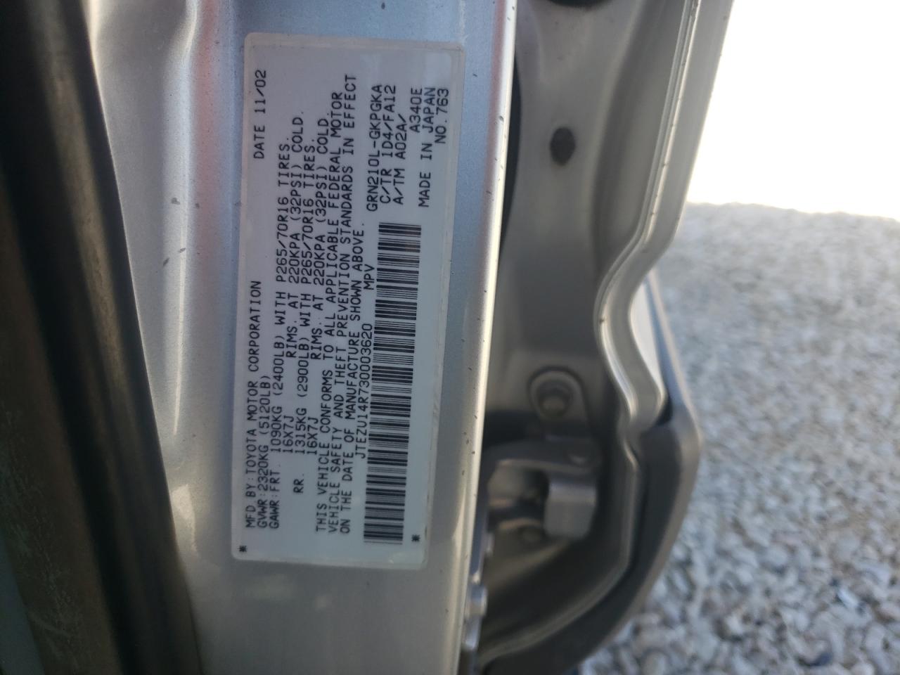 Photo 10 from auction – 2003 TOYOTA 4RUNNER SR with VIN JTEZU14R730003620