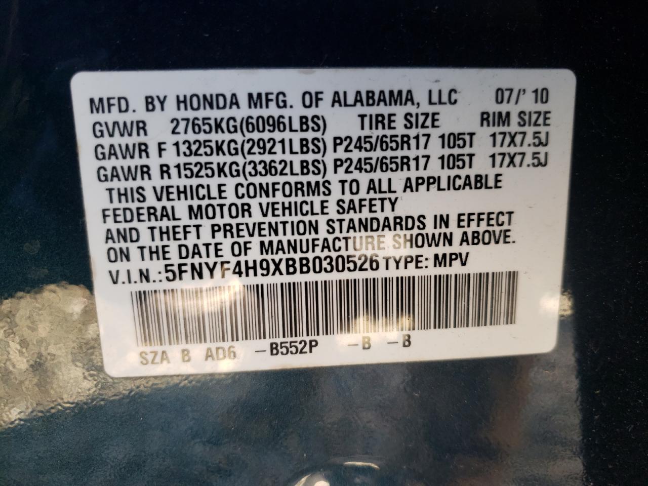 Photo 10 from auction – 2011 HONDA PILOT TOUR with VIN 5FNYF4H9XBB030526
