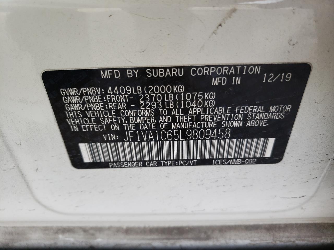 Photo 10 from auction – 2020 SUBARU WRX PREMIU with VIN JF1VA1C65L9809458