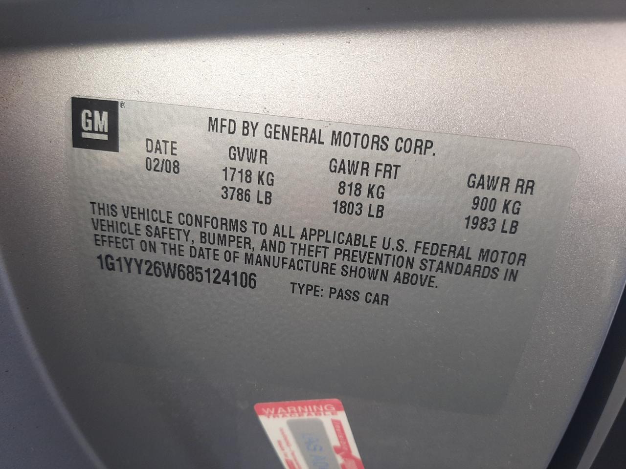 Photo 10 from auction – 2008 CHEVROLET CORVETTE with VIN 1G1YY26W685124106