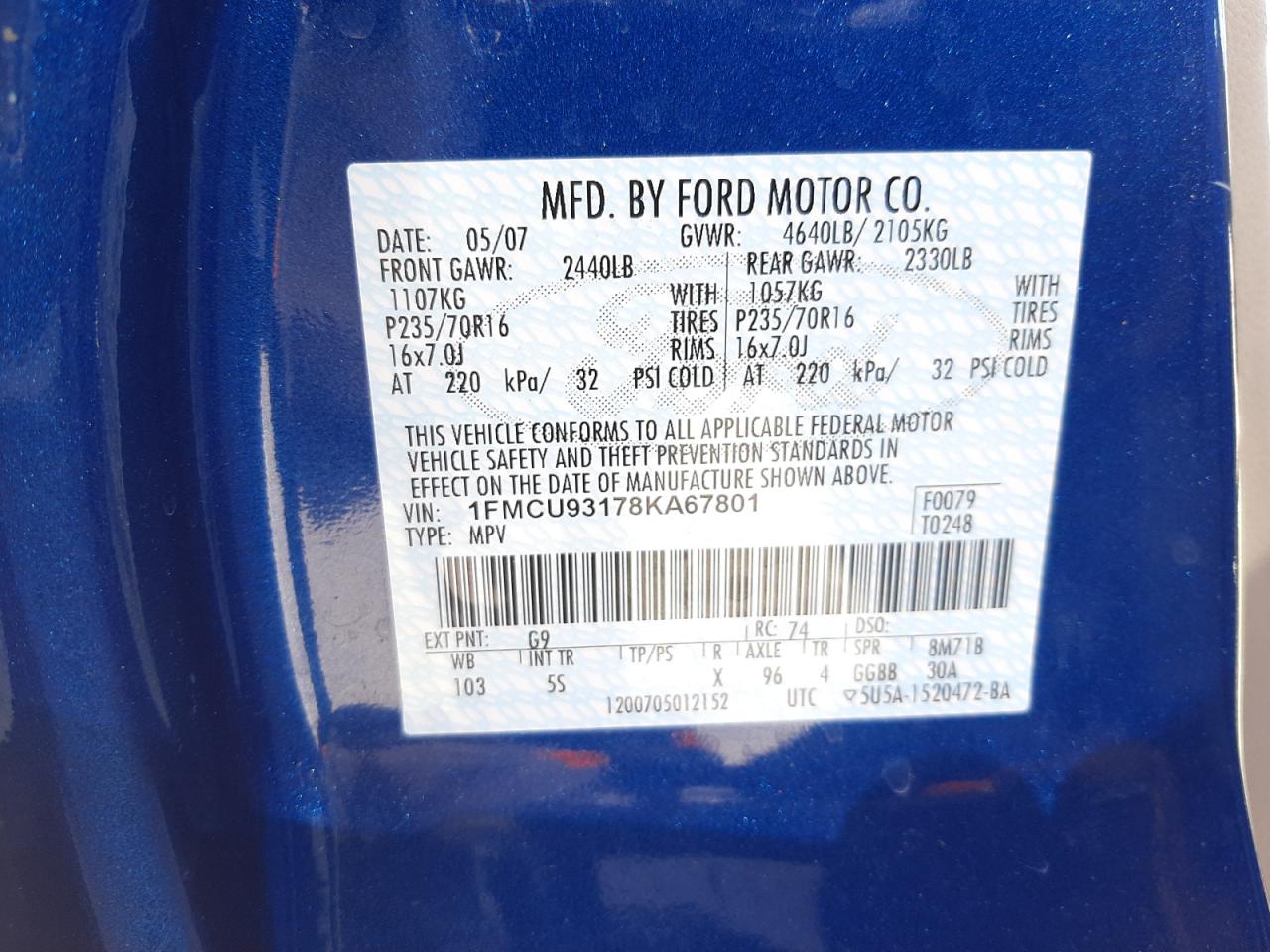 Photo 10 from auction – 2008 FORD ESCAPE XLT with VIN 1FMCU93178KA67801