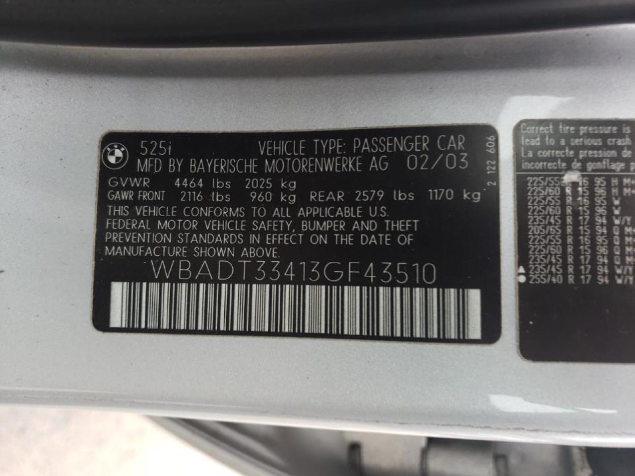 Photo 10 from auction – 2003 BMW 525 I with VIN WBADT33413GF43510