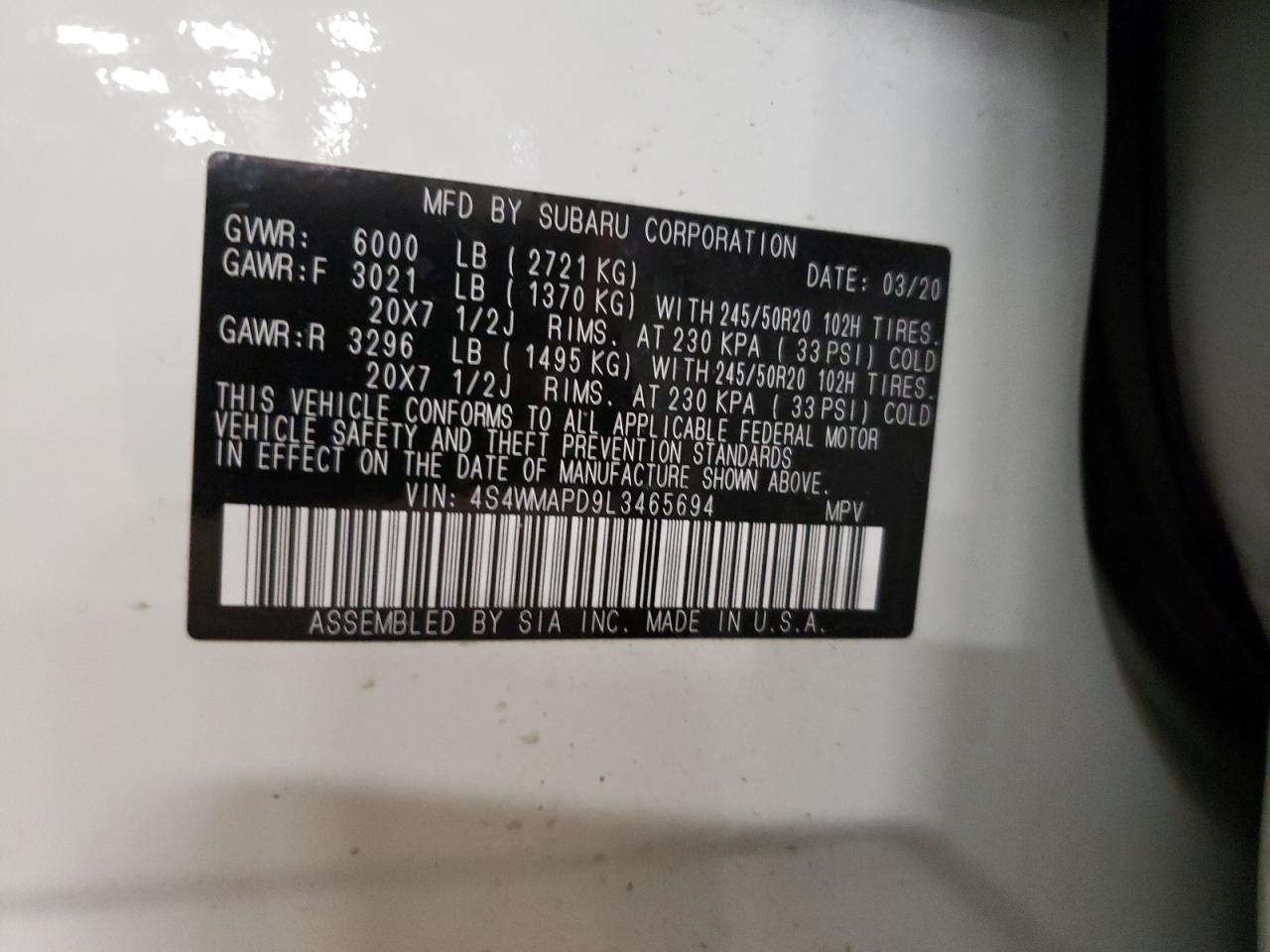 Photo 10 from auction – 2020 SUBARU ASCENT LIM with VIN 4S4WMAPD9L3465694