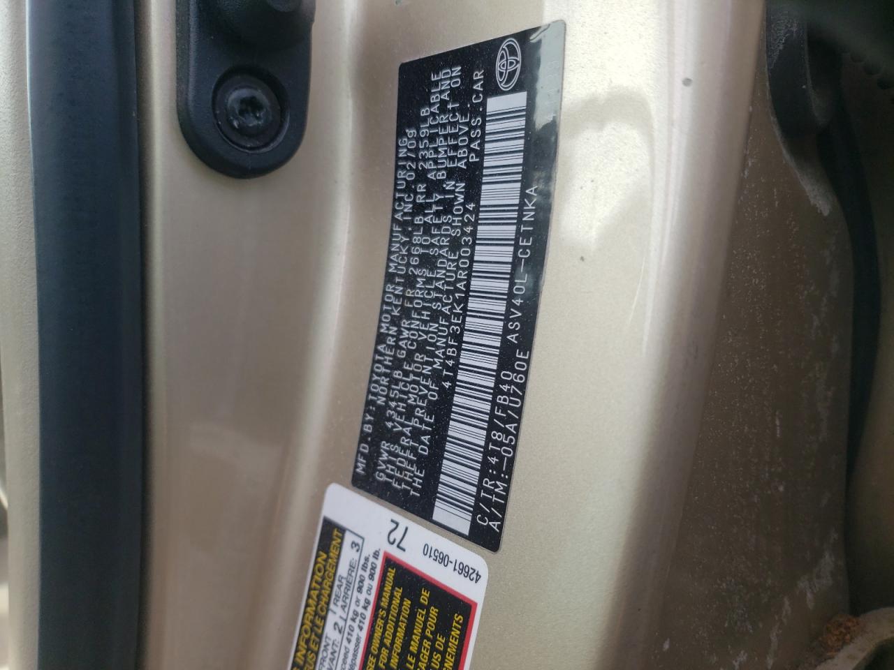 Photo 10 from auction – 2010 TOYOTA CAMRY BASE with VIN 4T4BF3EK1AR003424