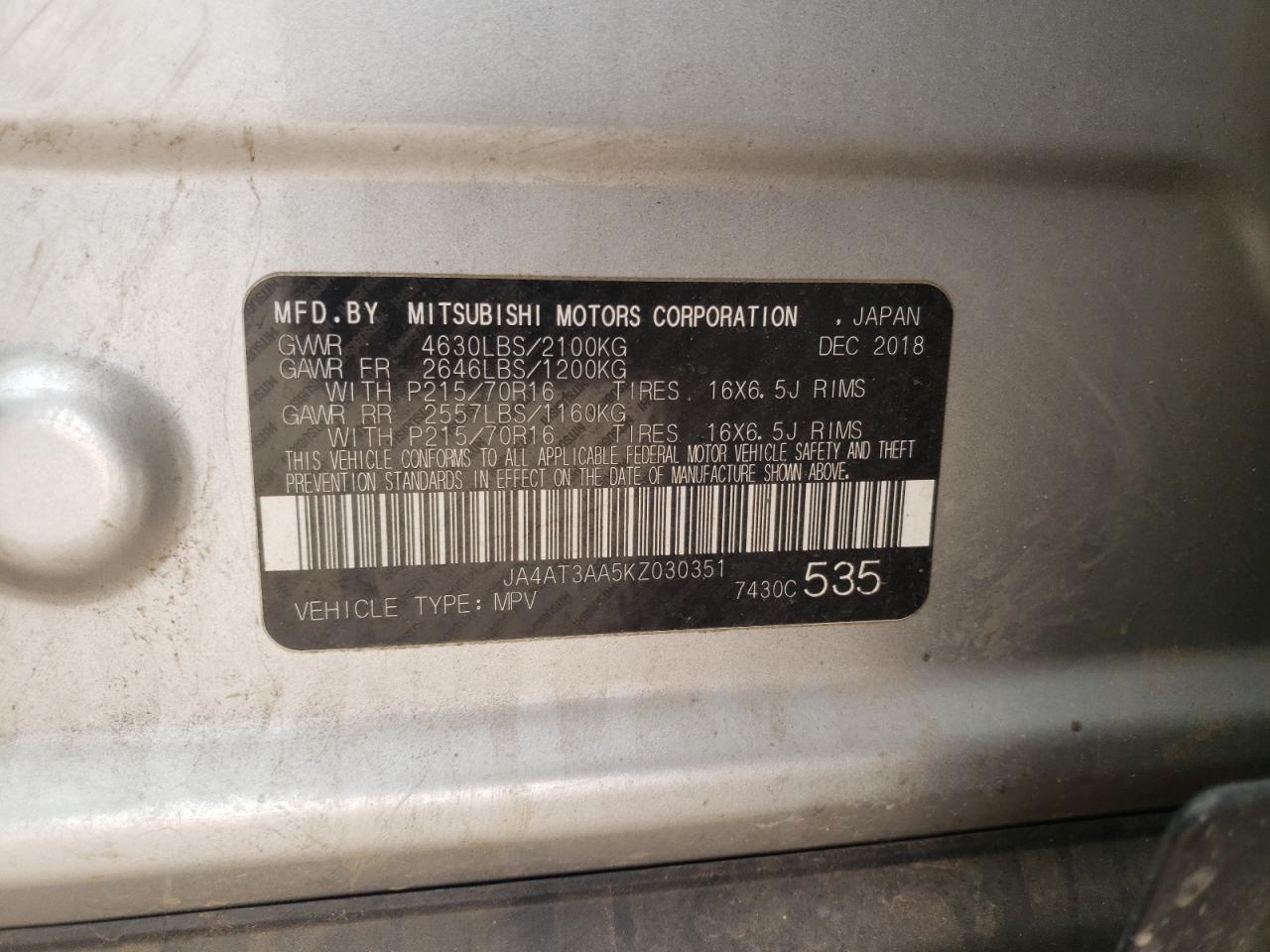 Photo 10 from auction – 2019 MITSUBISHI ECLIPSE CR with VIN JA4AT3AA5KZ030351