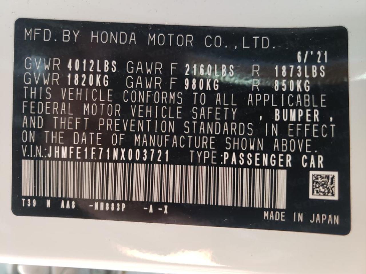 Photo 10 from auction – 2022 HONDA CIVIC EX with VIN JHMFE1F71NX003721
