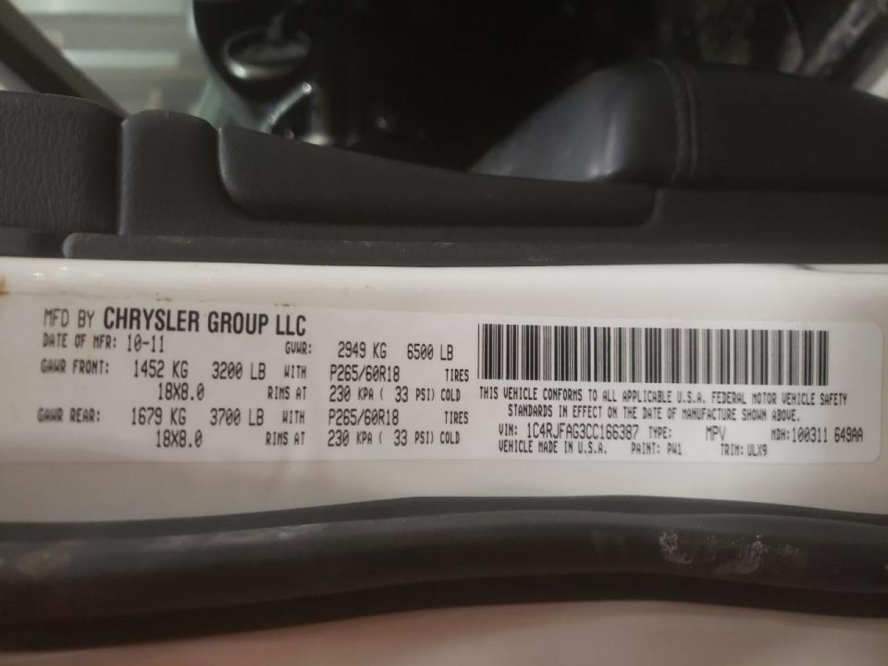 Photo 10 from auction – 2012 JEEP GRAND CHER with VIN 1C4RJFAG3CC166387