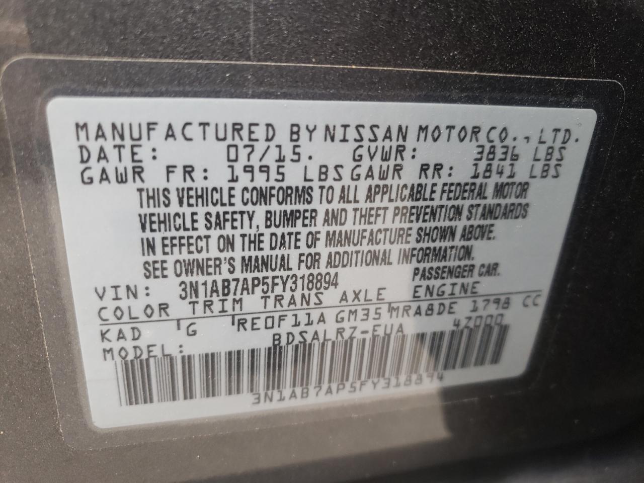 Photo 10 from auction – 2015 NISSAN SENTRA with VIN 3N1AB7AP5FY318894