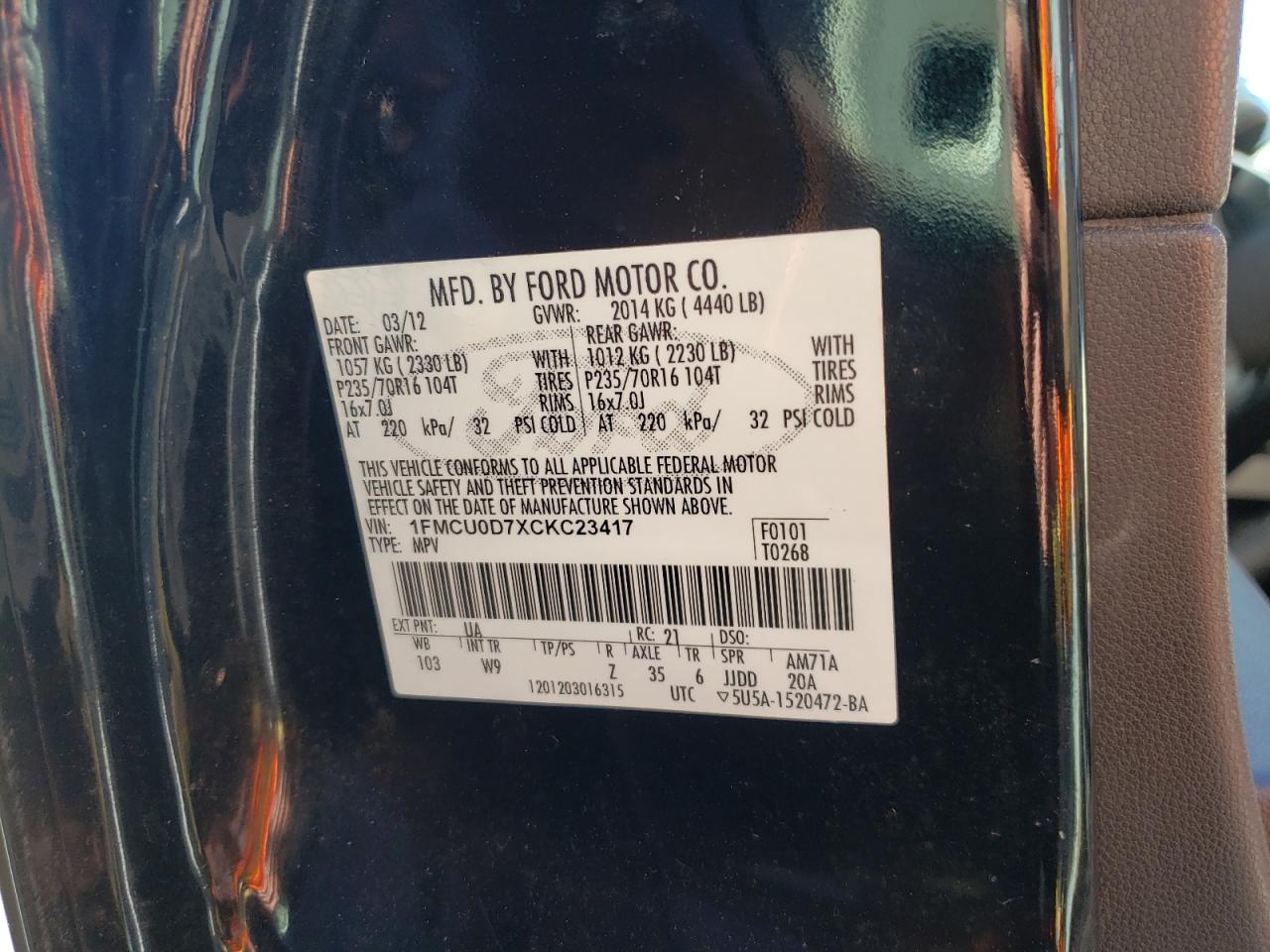 Photo 10 from auction – 2012 FORD ESCAPE XLT with VIN 1FMCU0D7XCKC23417