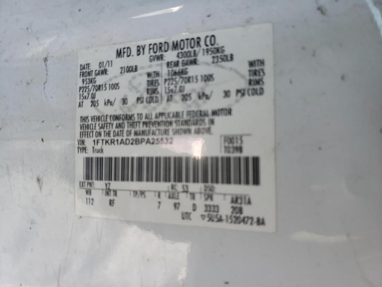 Photo 10 from auction – 2011 FORD RANGER with VIN 1FTKR1AD2BPA25532