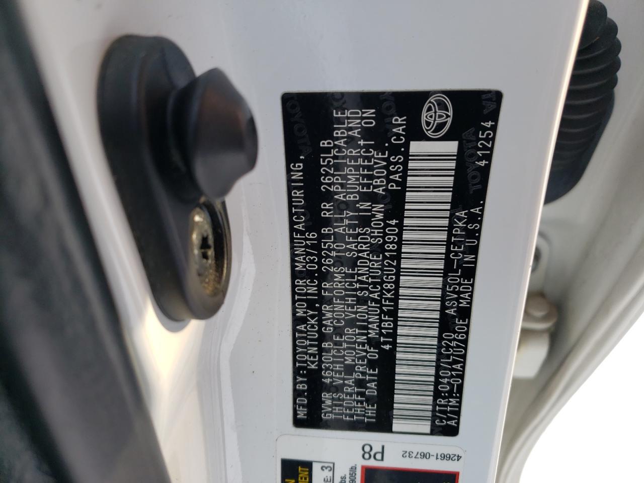 Photo 10 from auction – 2016 TOYOTA CAMRY LE with VIN 4T1BF1FK8GU218904