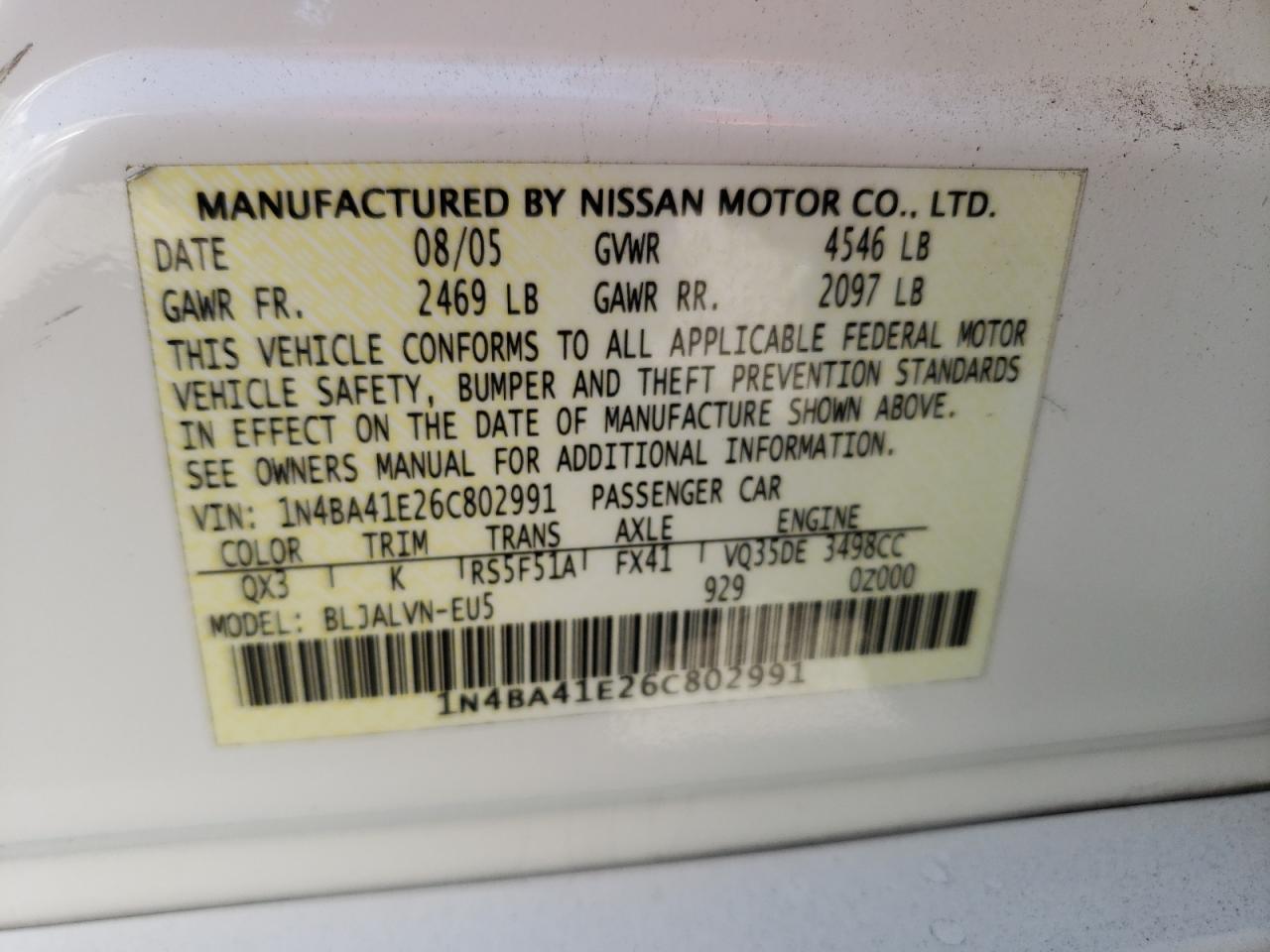 Photo 10 from auction – 2006 NISSAN MAXIMA with VIN 1N4BA41E26C802991
