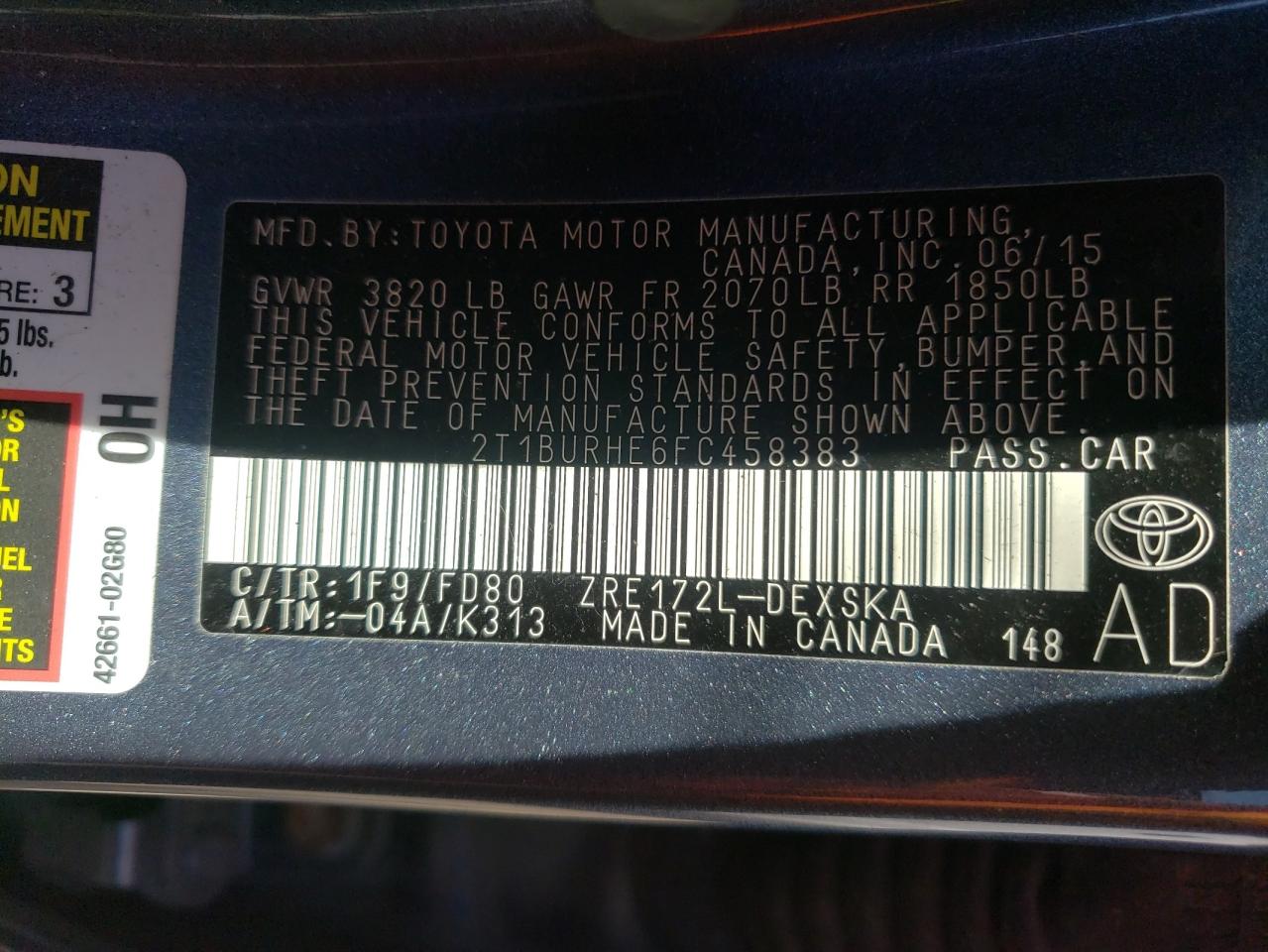 Photo 10 from auction – 2015 TOYOTA COROLLA L with VIN 2T1BURHE6FC458383