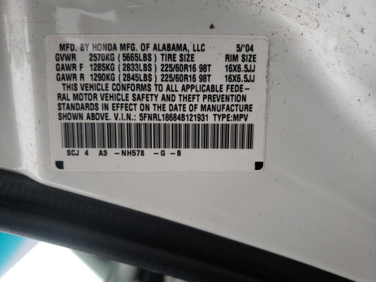 Photo 10 from auction – 2004 HONDA ODYSSEY EX with VIN 5FNRL18684B121931