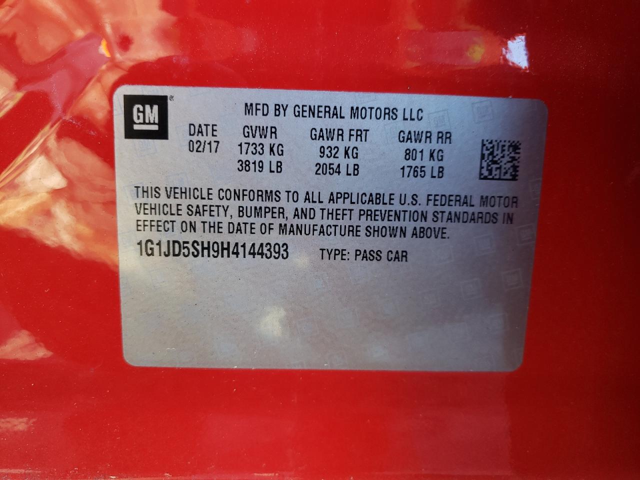 Photo 10 from auction – 2017 CHEVROLET SONIC LT with VIN 1G1JD5SH9H4144393