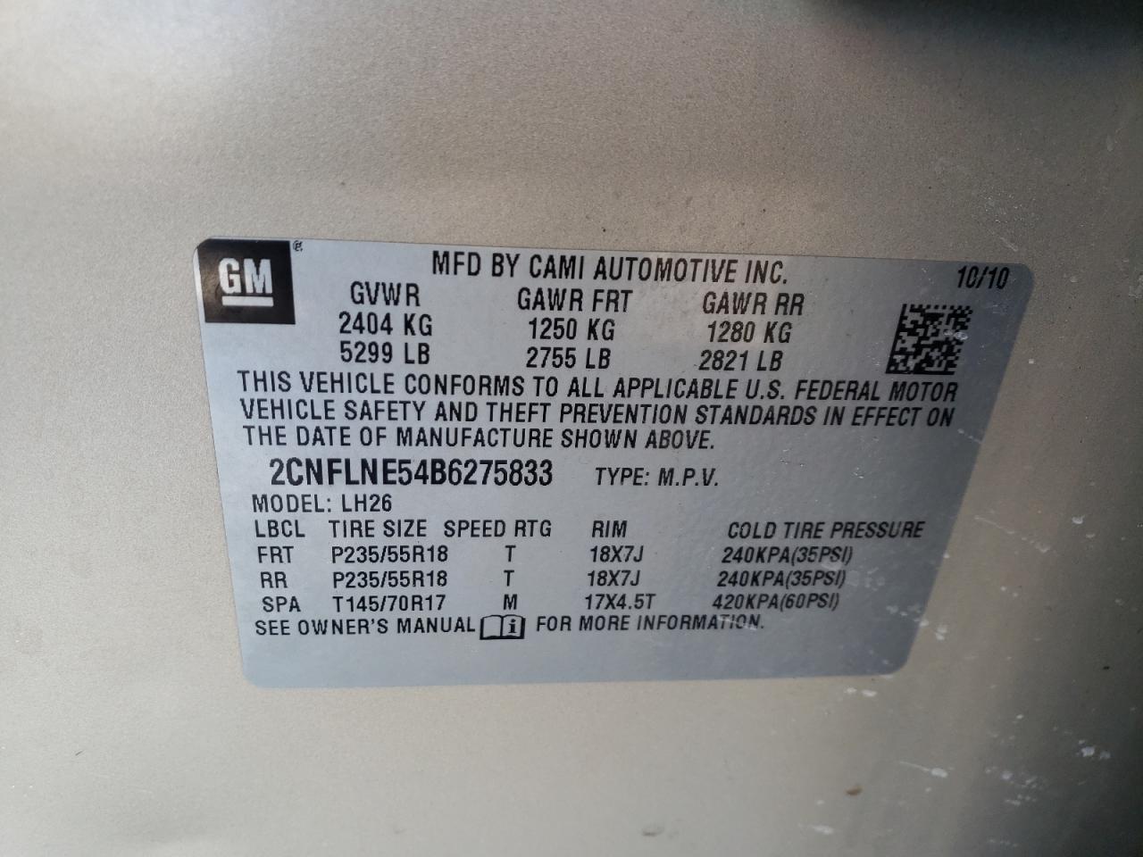 Photo 10 from auction – 2011 CHEVROLET EQUINOX LT with VIN 2CNFLNE54B6275833
