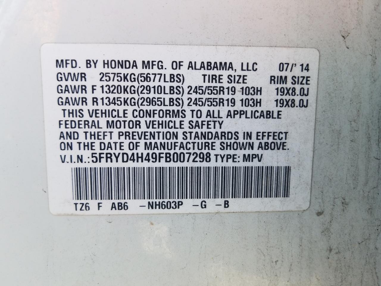 Photo 10 from auction – 2015 ACURA MDX TECHNO with VIN 5FRYD4H49FB007298
