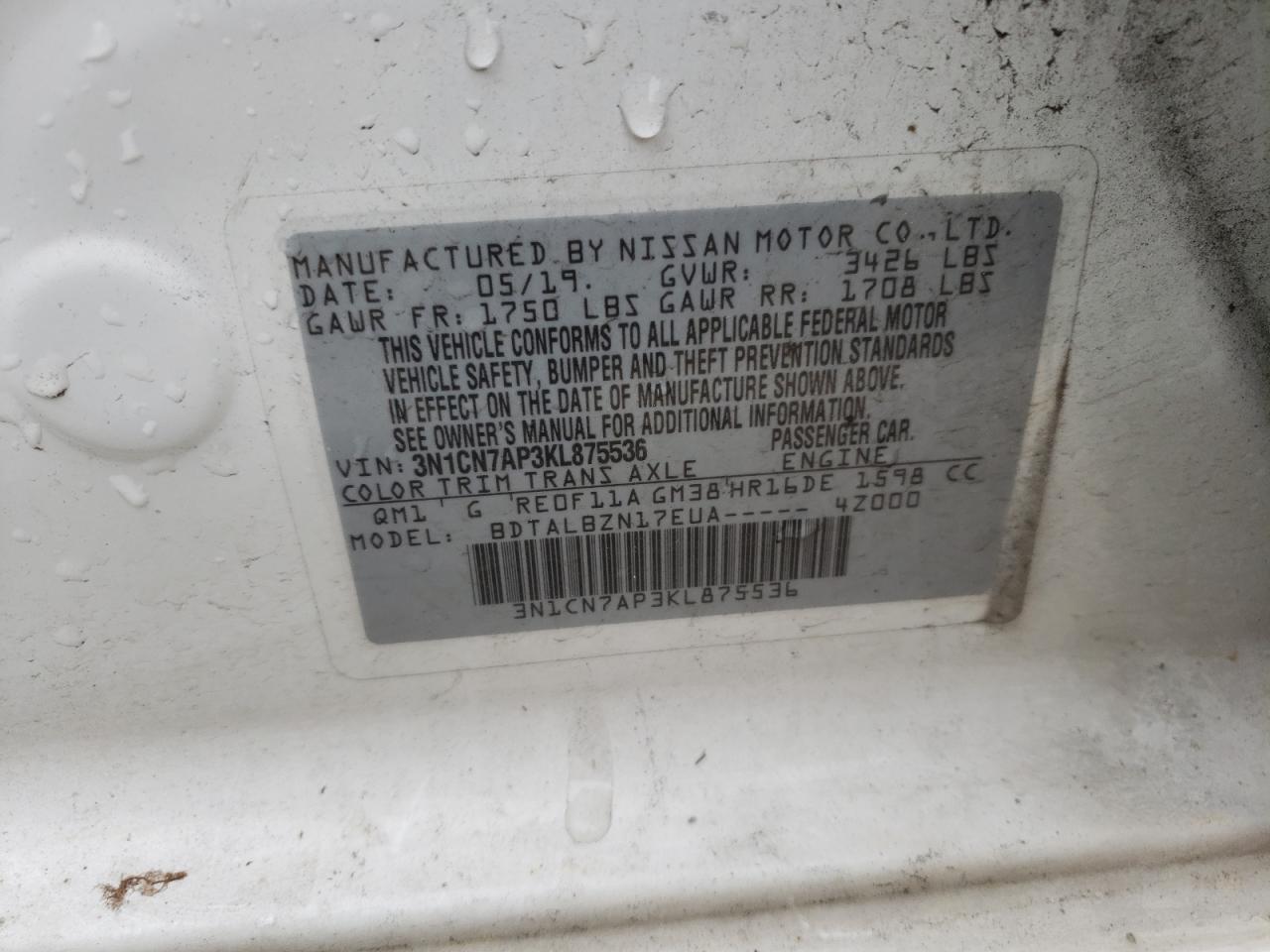 Photo 10 from auction – 2019 NISSAN VERSA S with VIN 3N1CN7AP3KL875536