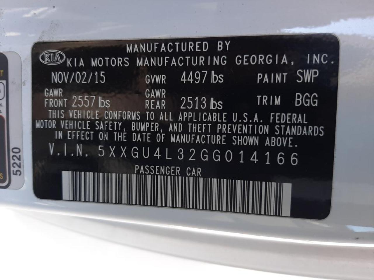 Photo 10 from auction – 2016 KIA OPTIMA EX with VIN 5XXGU4L32GG014166