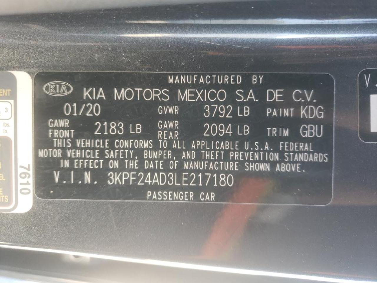 Photo 10 from auction – 2020 KIA FORTE FE with VIN 3KPF24AD3LE217180