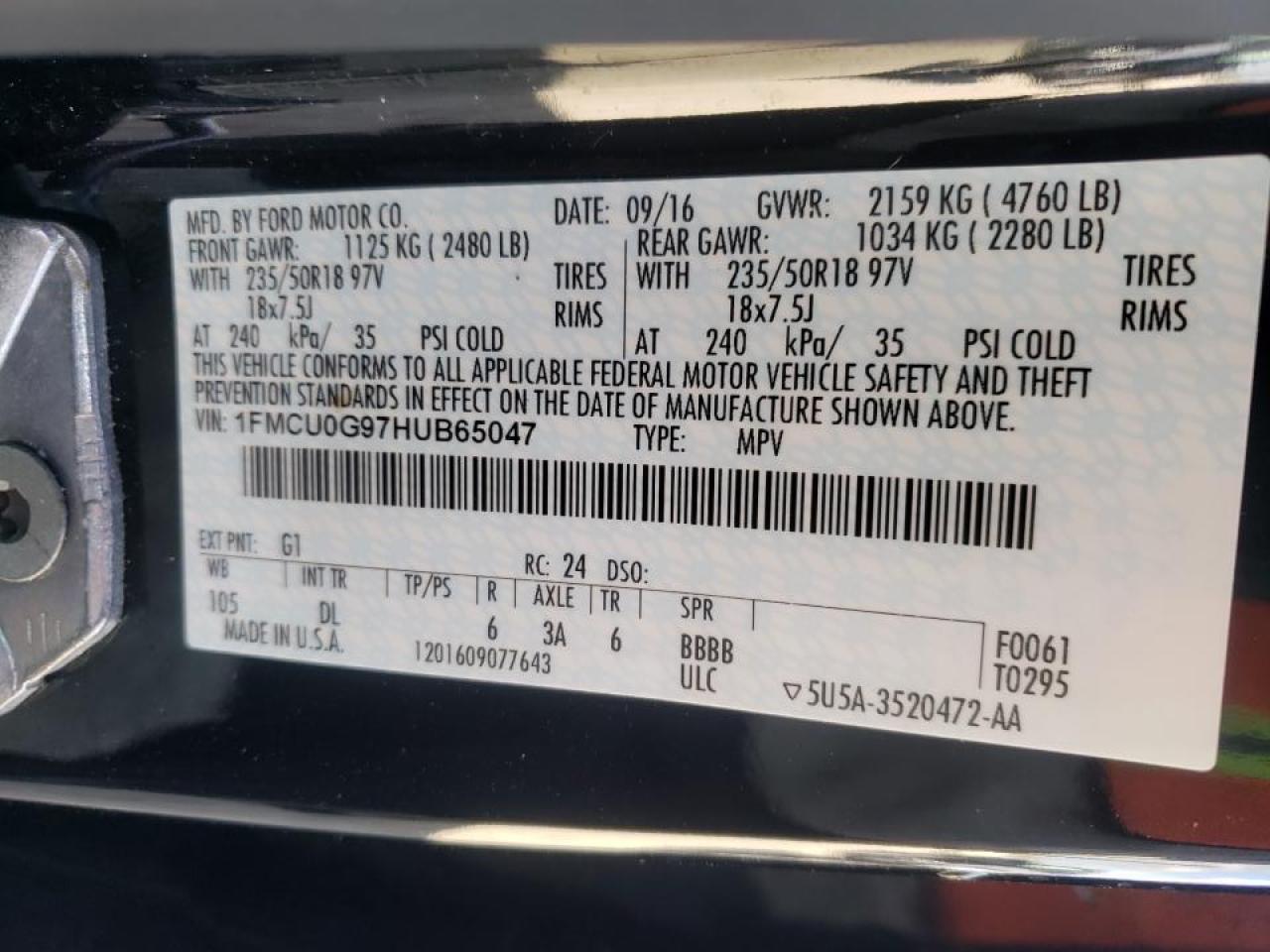 Photo 10 from auction – 2017 FORD ESCAPE SE with VIN 1FMCU0G97HUB65047