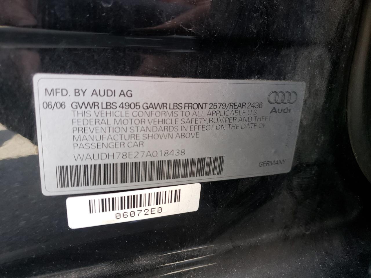 Photo 10 from auction – 2007 AUDI A4 3.2 QUA with VIN WAUDH78E27A018438