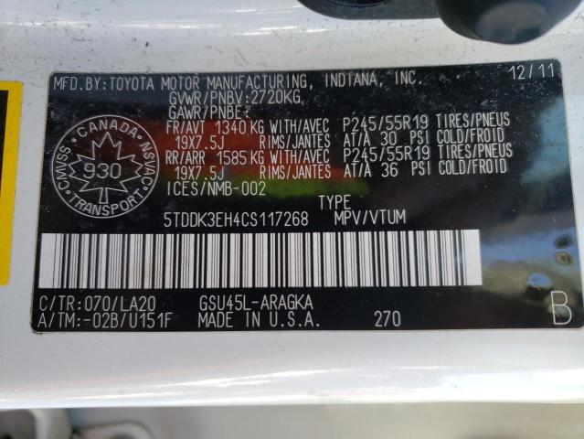 Photo 10 from auction – 2012 TOYOTA HIGHLANDER with VIN 5TDDK3EH4CS117268