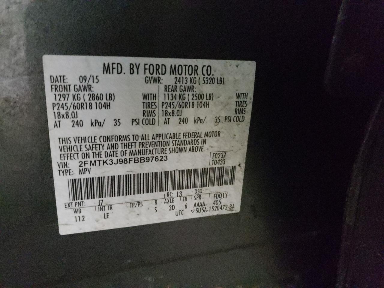 Photo 10 from auction – 2015 FORD EDGE SEL with VIN 2FMTK3J98FBB97623
