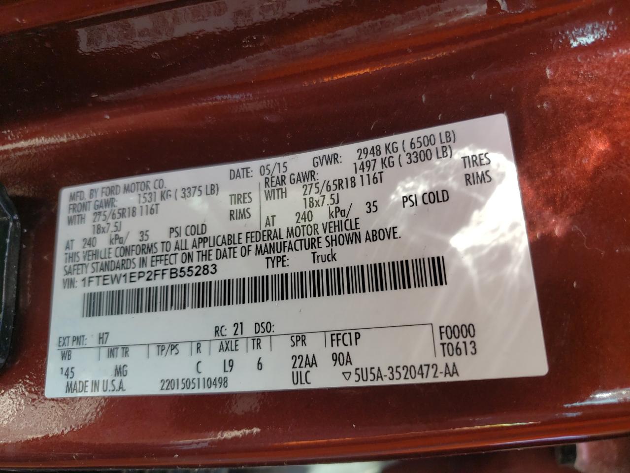 Photo 10 from auction – 2015 FORD F150 SUPER with VIN 1FTEW1EP2FFB55283