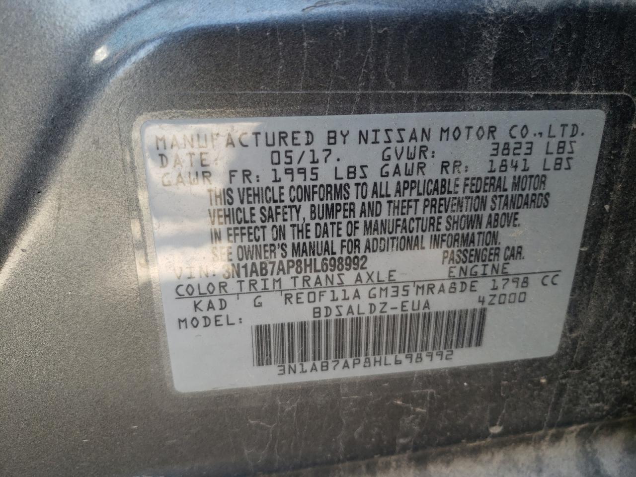 Photo 10 from auction – 2017 NISSAN SENTRA S with VIN 3N1AB7AP8HL698992