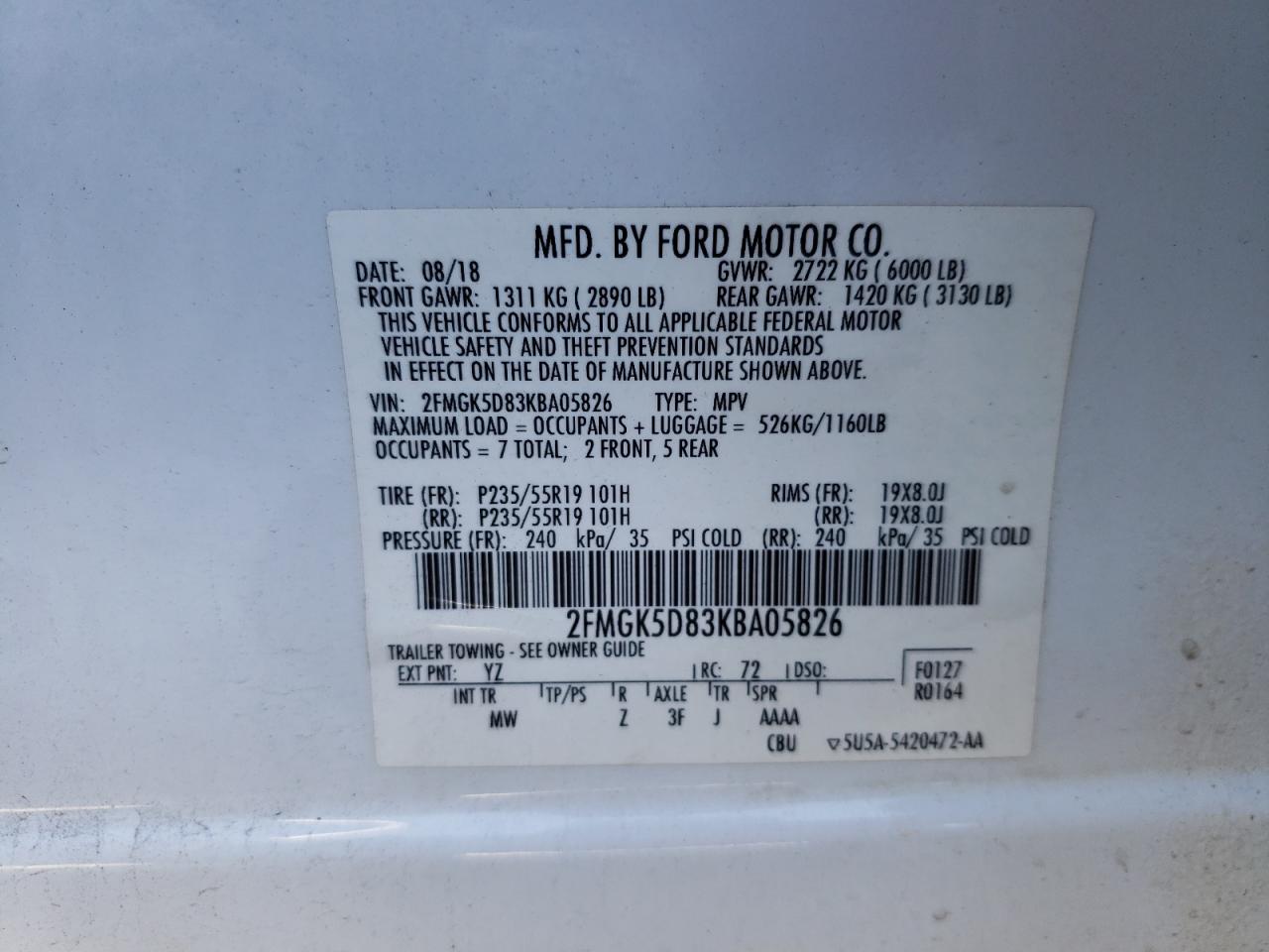 Photo 10 from auction – 2019 FORD FLEX LIMIT with VIN 2FMGK5D83KBA05826
