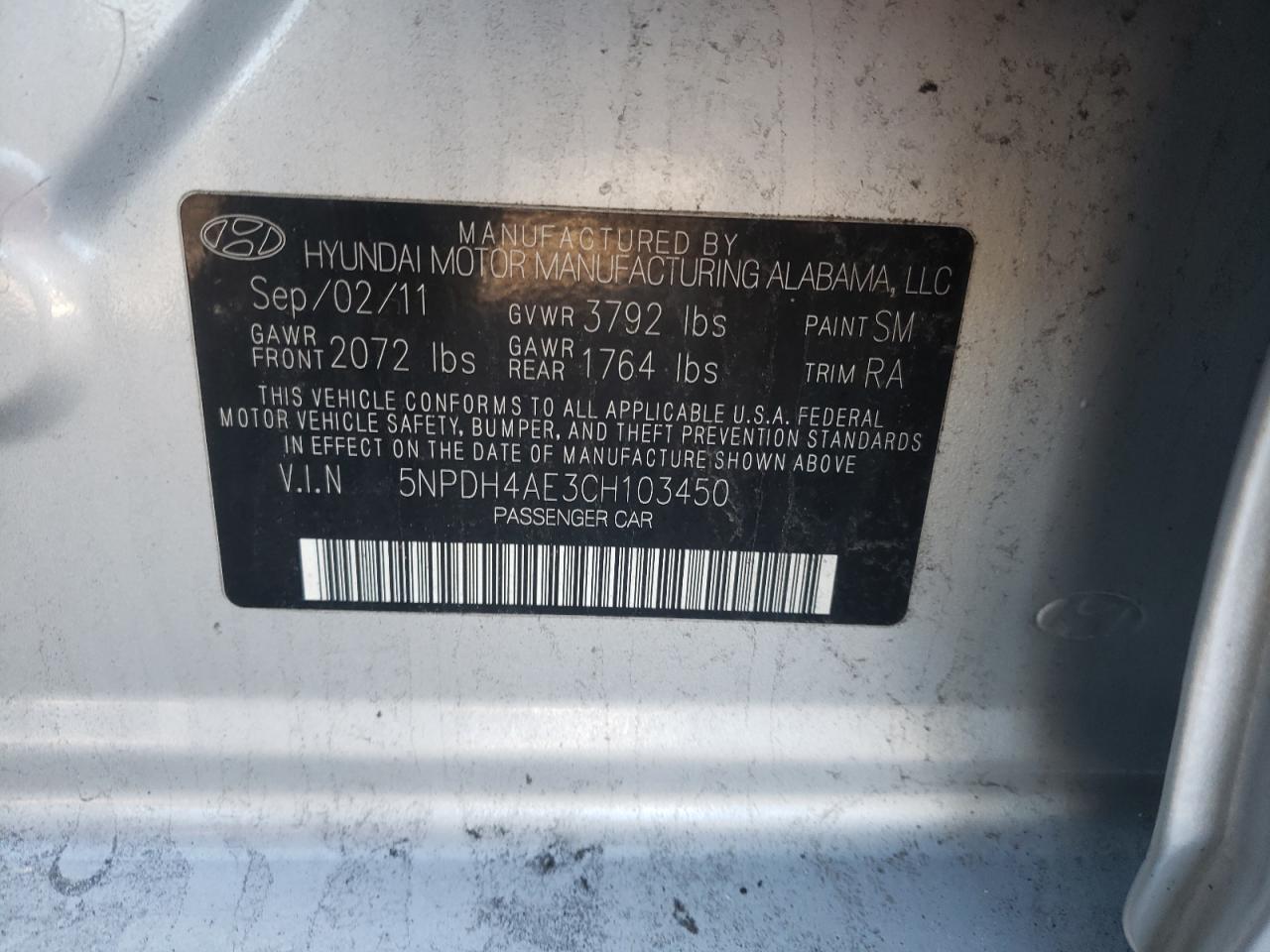 Photo 10 from auction – 2012 HYUNDAI ELANTRA GL with VIN 5NPDH4AE3CH103450
