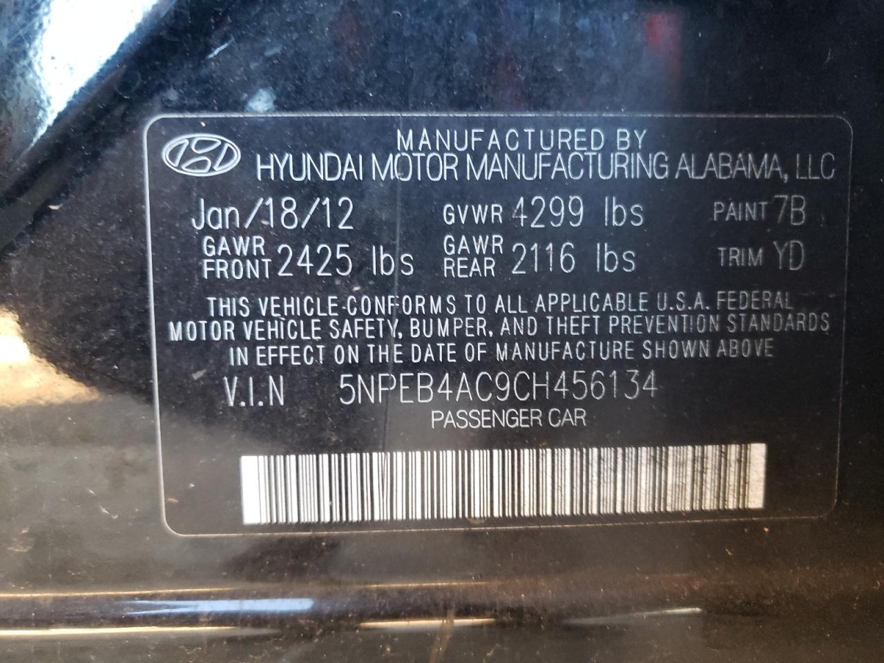 Photo 10 from auction – 2012 HYUNDAI SONATA GLS with VIN 5NPEB4AC9CH456134