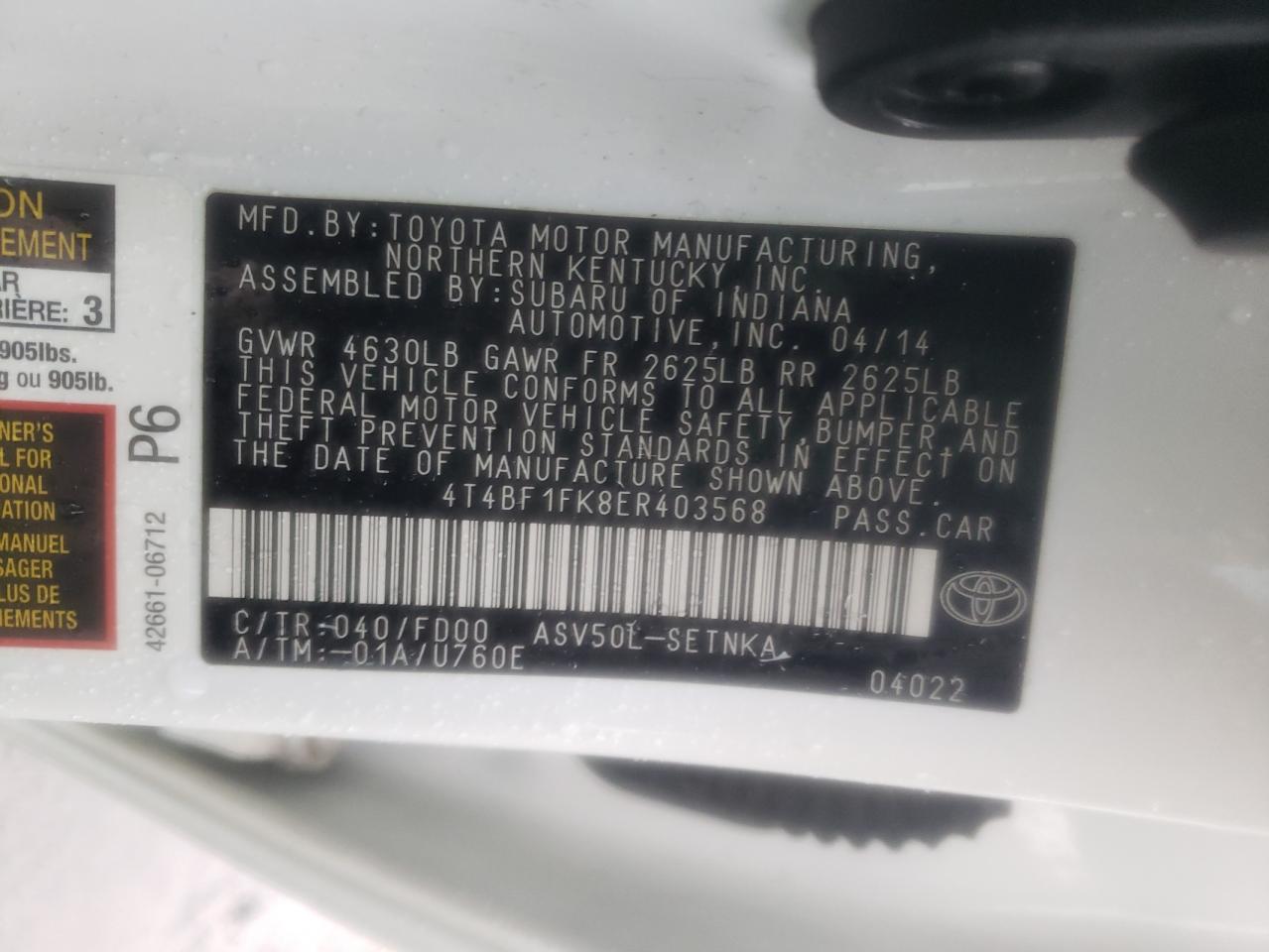 Photo 10 from auction – 2014 TOYOTA CAMRY L with VIN 4T4BF1FK8ER403568