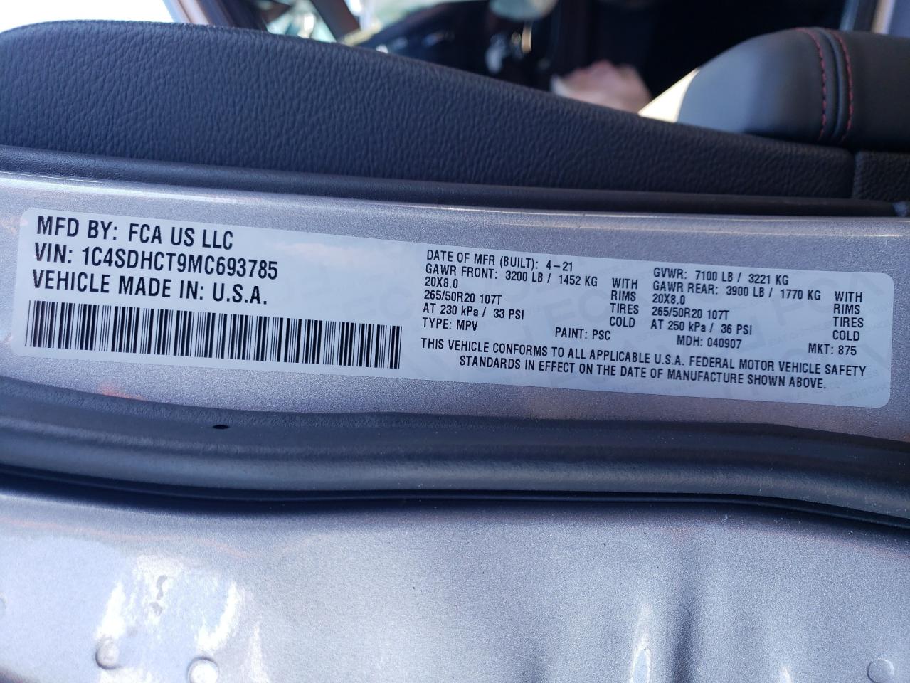 Photo 10 from auction – 2021 DODGE DURANGO R/ with VIN 1C4SDHCT9MC693785