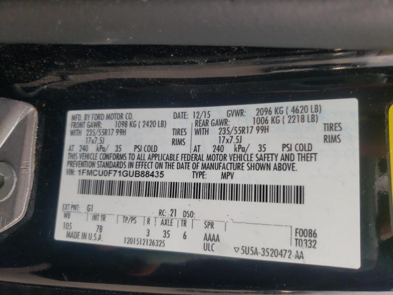 Photo 10 from auction – 2016 FORD ESCAPE S with VIN 1FMCU0F71GUB88435