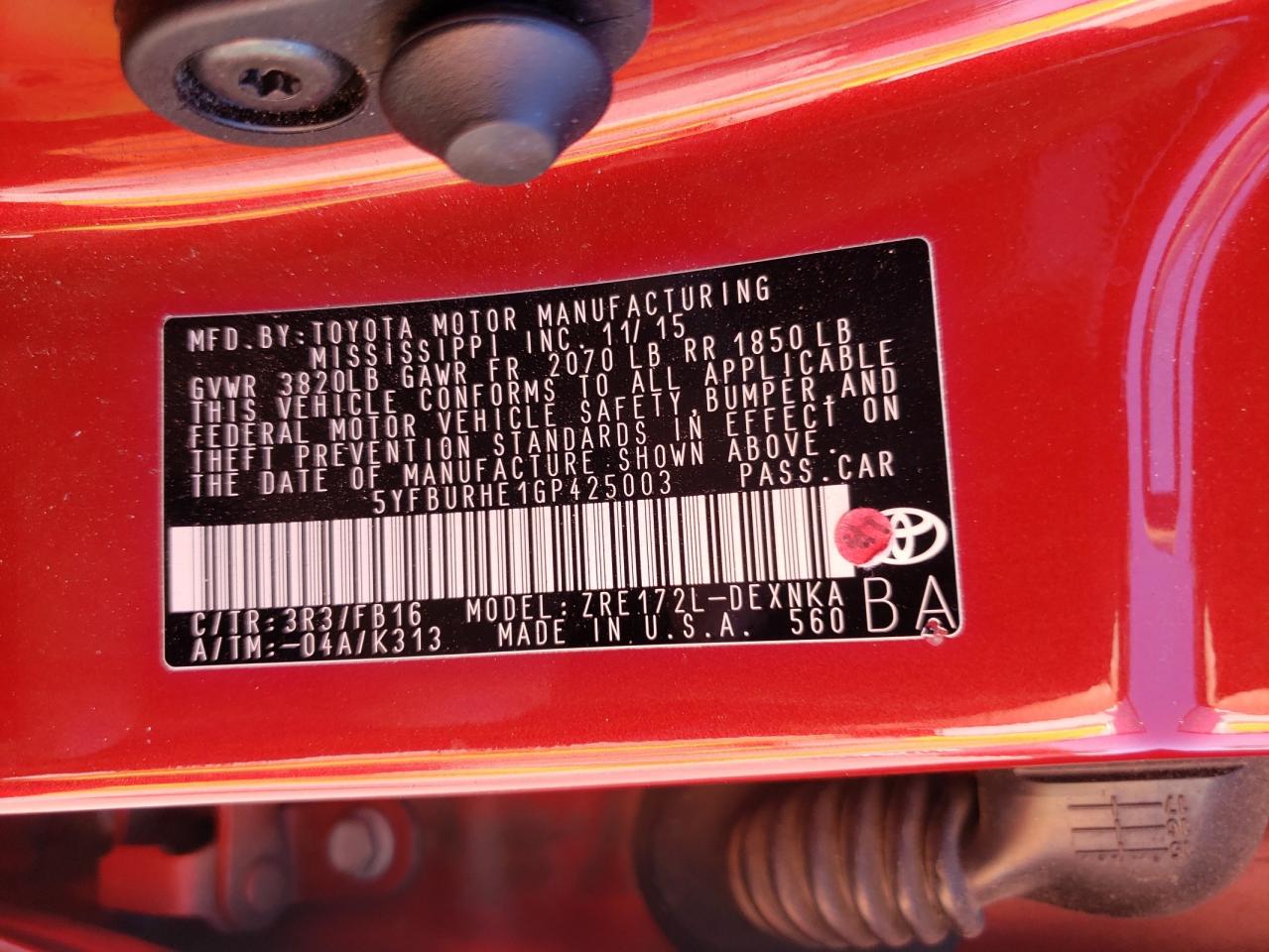 Photo 10 from auction – 2016 TOYOTA COROLLA L with VIN 5YFBURHE1GP425003