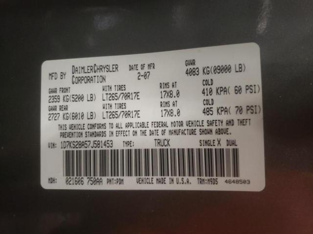 Photo 10 from auction – 2007 DODGE RAM 2500 S with VIN 1D7KS28A57J581453