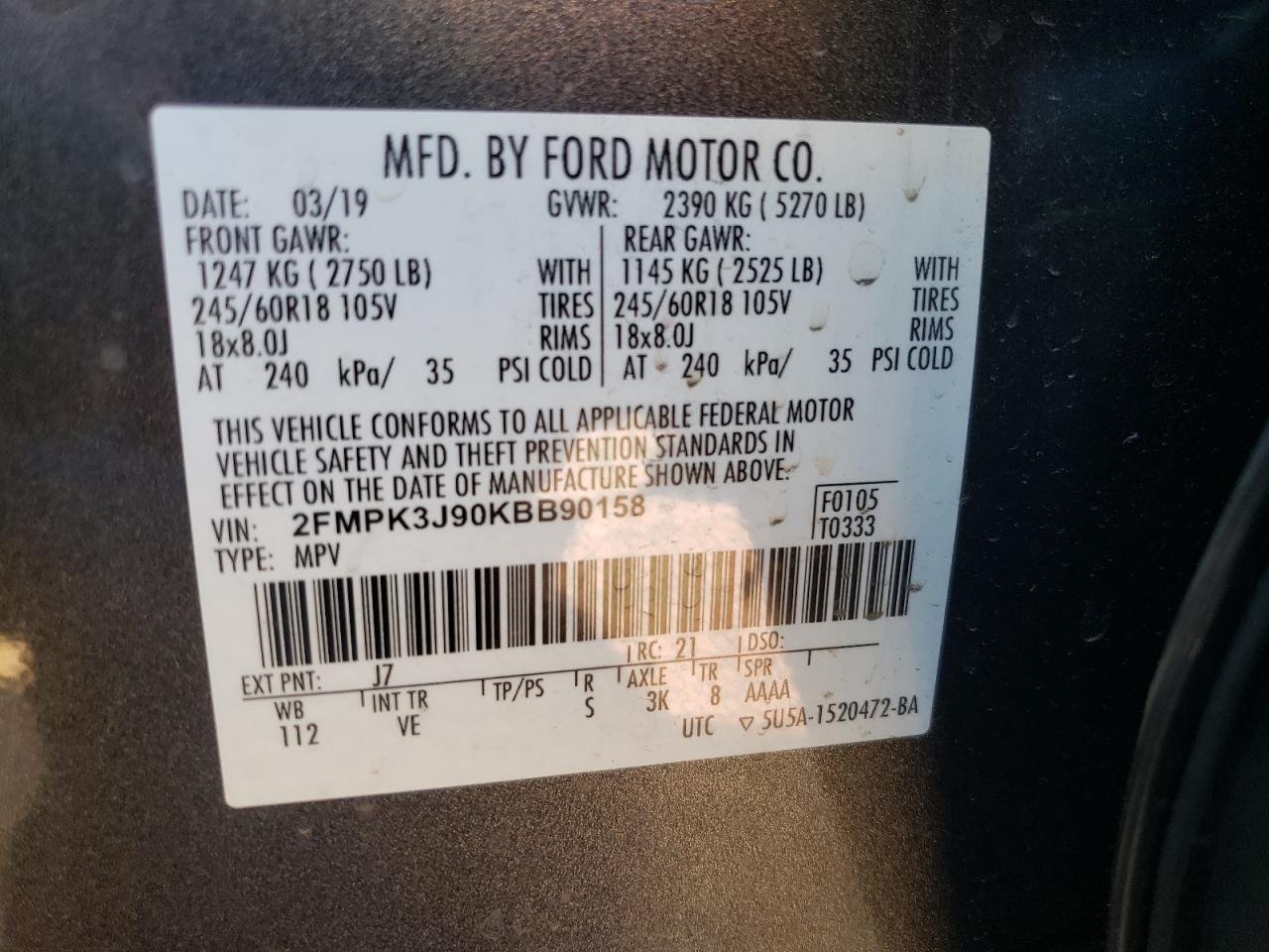 Photo 10 from auction – 2019 FORD EDGE SEL with VIN 2FMPK3J90KBB90158