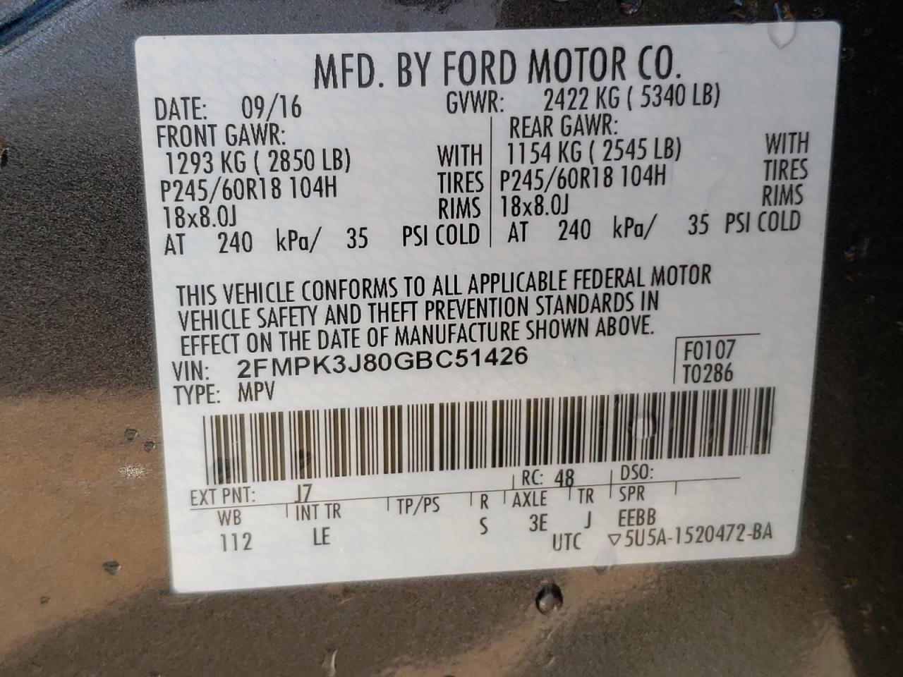 Photo 10 from auction – 2016 FORD EDGE SEL with VIN 2FMPK3J80GBC51426