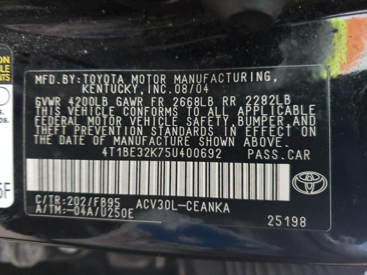 Photo 10 from auction – 2005 TOYOTA CAMRY LE with VIN 4T1BE32K75U400692