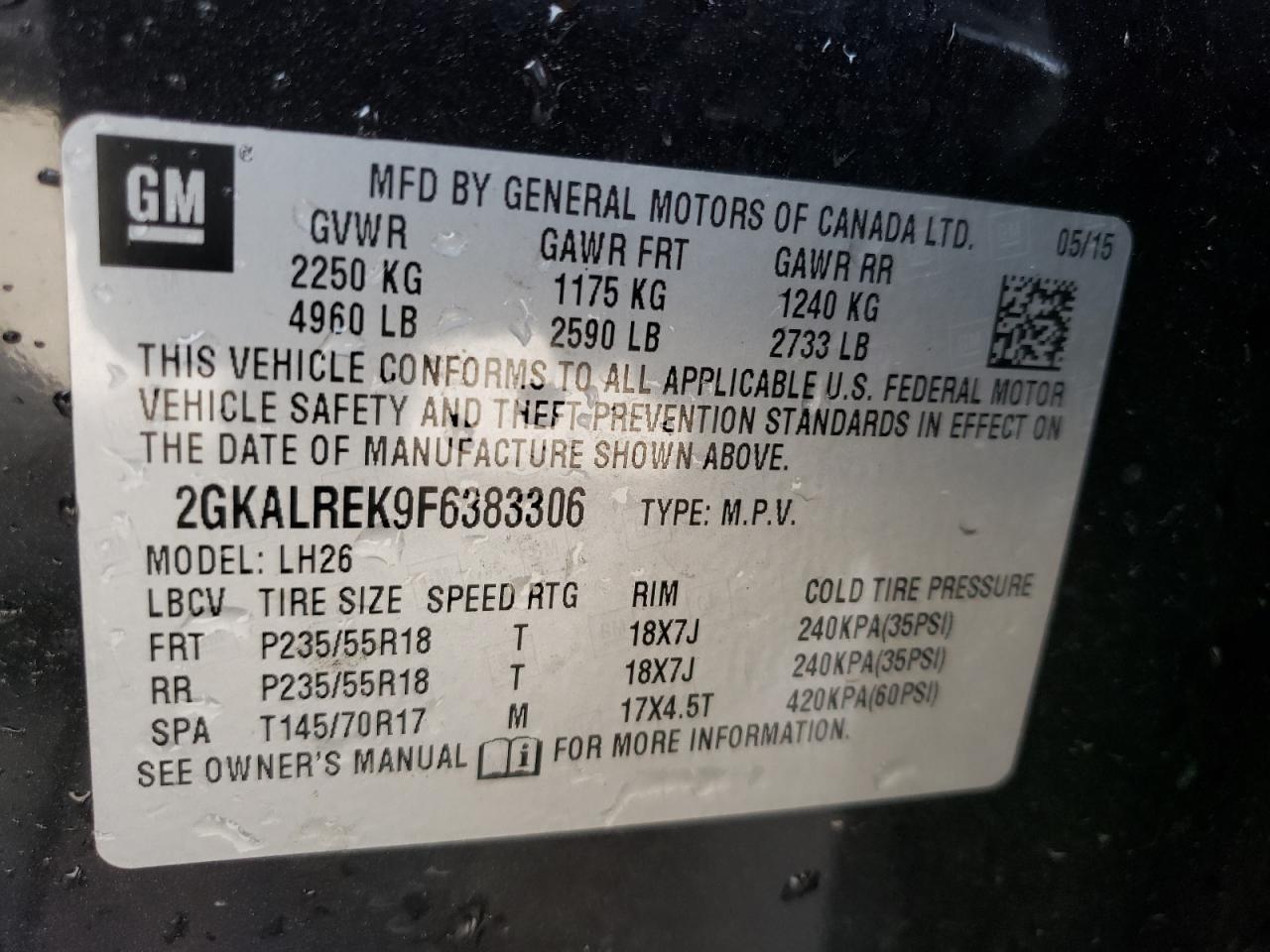 Photo 10 from auction – 2015 GMC TERRAIN SL with VIN 2GKALREK9F6383306
