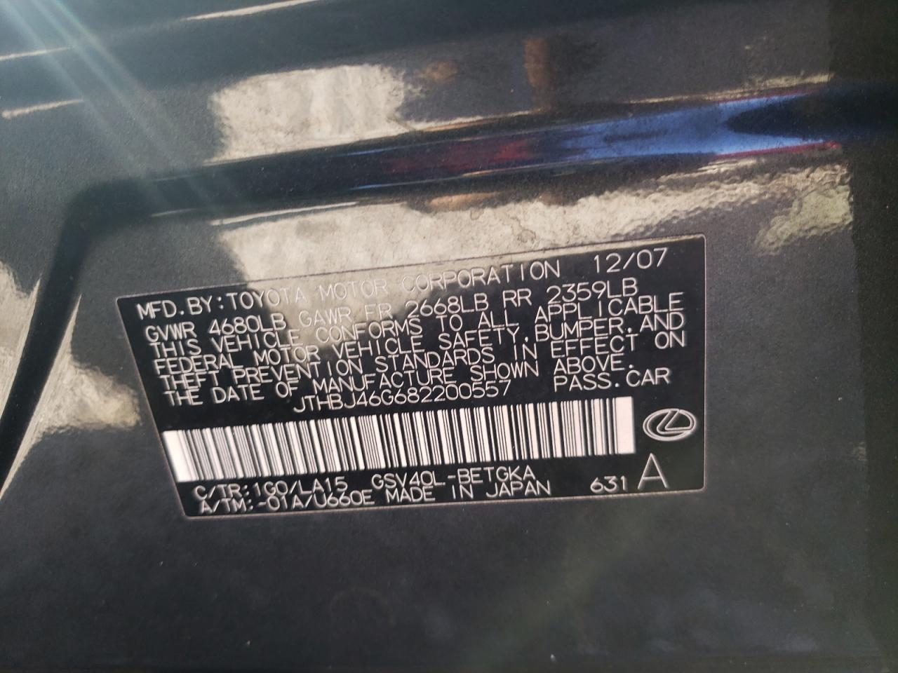 Photo 10 from auction – 2008 LEXUS ES 350 with VIN JTHBJ46G682200557