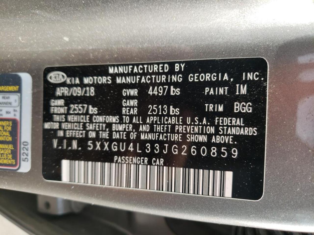 Photo 10 from auction – 2018 KIA OPTIMA EX with VIN 5XXGU4L33JG260859