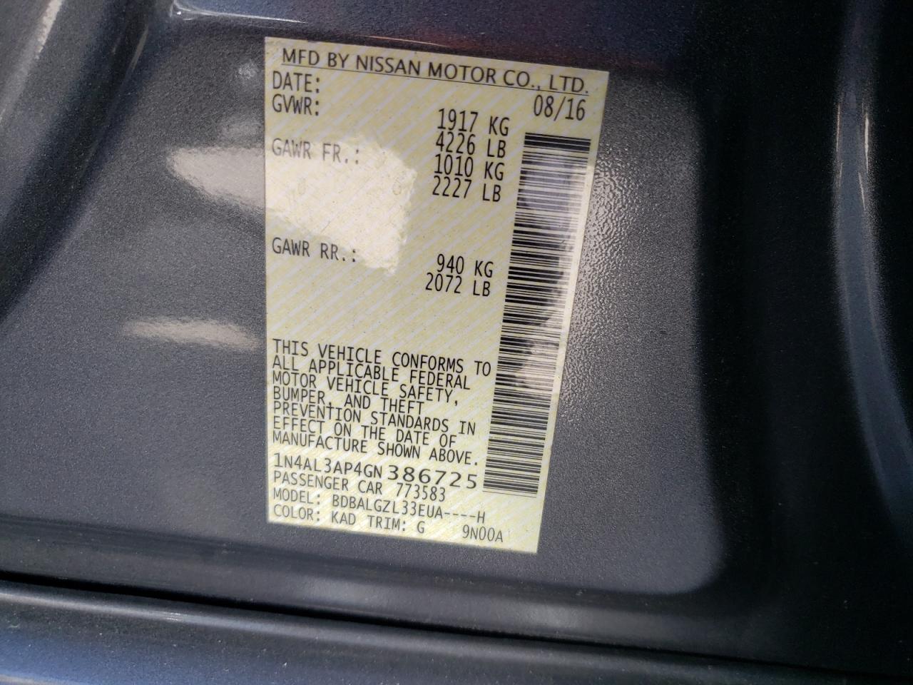 Photo 10 from auction – 2016 NISSAN ALTIMA 2.5 with VIN 1N4AL3AP4GN386725